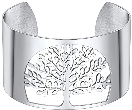 FOCALOOK Offener Armreif Edelstahl Armband Damen 40mm breit Lebensbaum Armband Armspange Oberarmreif Schmuck