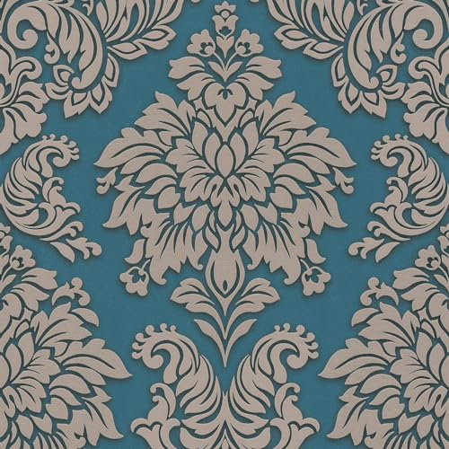 Barock Tapete Profhome 368985-GU Vliestapete leicht strukturiert mit Ornamenten glitzernd blau silber beige 5,33 m2