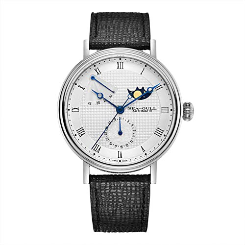 SEA-GULL 2021 Neue Seagull Herren Automatische Mechanische Armbanduhr Business Casual Mondphase Uhr Weltraum Erkundung Geschenkbox Set 819.11.6092, silber, Riemen