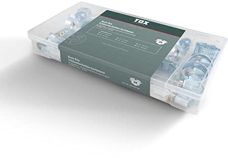 TOX Schlauchschellen-Sortiment aus verzinktem Stahl zur Verbindung mit Anschlüssen, Sechskantschraube mit Kreuzschlitz, 6 Größen in transparenter Transportbox, ⌀ 10-40 mm, 26-tlg., 09490208