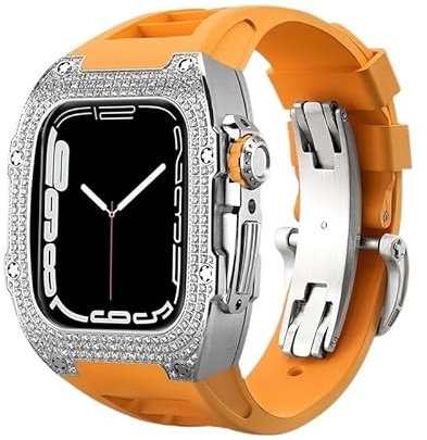 KANUZ Diamant DIY Modifikation Kit für Apple Watch Serie 8 7 45 mm Luxus Edelstahl Mod Kit für iWatch 44 mm Gummiband (Farbe: 28 mm, Größe: 44 mm)