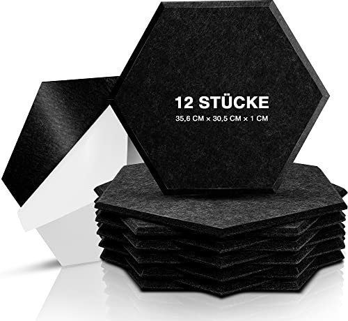 Sonic Acoustics Self-adhesive 12 Pack Hexagon Acoustic Panels, 14 X 12 X 0.4 High Density Sound Absorbing Panels Sound proof Insulation Beveled Edge Studio Treatment Tiles (Black)