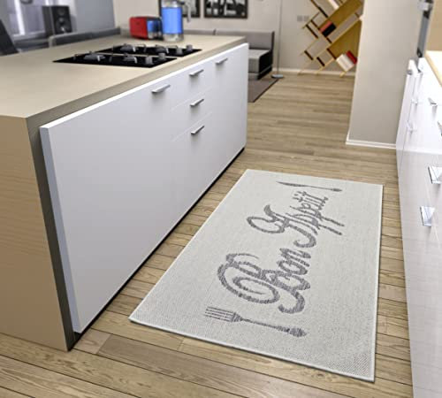 Hanse Home Bon Appetit de lusso Läufer Teppich – Küchenteppich Küchenläufer mit Schriftzug, rutschfest Pflegeleicht Robust, ÖKO-TEX Teppichläufer für Küche, Flur, Esszimmer – Creme Grau, 92x150cm