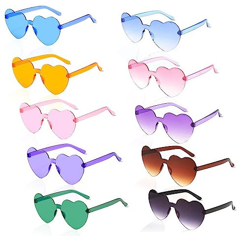 Infreecs 10 Stück Herz Party Brillen, Retro Randlose Herzbrillen, Transparente Candy Color Sonnenbrille, Hippie Herzförmige Brille für Karneval, Festival, Geburtstagsfeier, Party