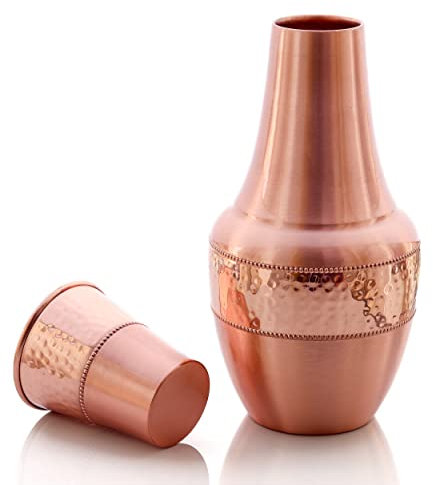 2activelife Pure Copper Bedroom Carafe Water Bottle With Inbuilt Glass, Surahi Design Brown Half Silk Half Hammered Finish - Storage & Drink ware, Volume 1.4 Lt - 47.3 US Fluid Ounce Capacity