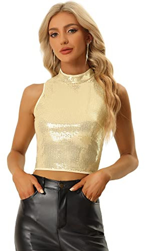 Allegra K Damen Glitzertop Top Ärmellos Pailletten Metallic Glitzer Party Bluse Hell Gold XS