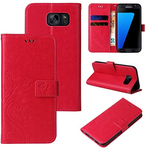 LBH Handy Hülle für Samsung Galaxy S7 Edge Case Handytasche Schmetterling Blumen Flower Standfunktion Schutzhülle Magnet Rundum Schutz 360 Grad Flipcase Cover Rot