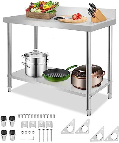 SUBTLETY 120x60x85cm Gastronomie Edelstahl Esszimmertische Küche Arbeitstisch mit Aufkantung & Verstellbare Füße Outdoor Pflanztisch Edelstahltisch BBQ Grilltisch für Lebensmittelzubereitung
