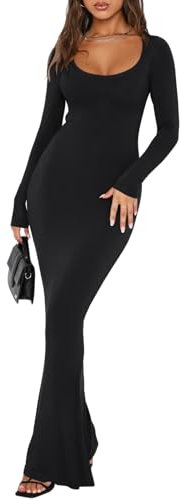 REORIA Womens Sexy Casual Scoop Square Neck Long Sleeve Soft Lounge Long Dress Fall Wedding Guest Elegant Ribbed Bodycon Maxi Dresses Black Medium