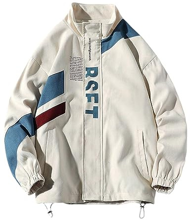 Yimoon Men's Varsity Jacket Vintage Letter Print Motorcycle Jacket Oversized Patchwork Unisex Streetwear(Beige-M)