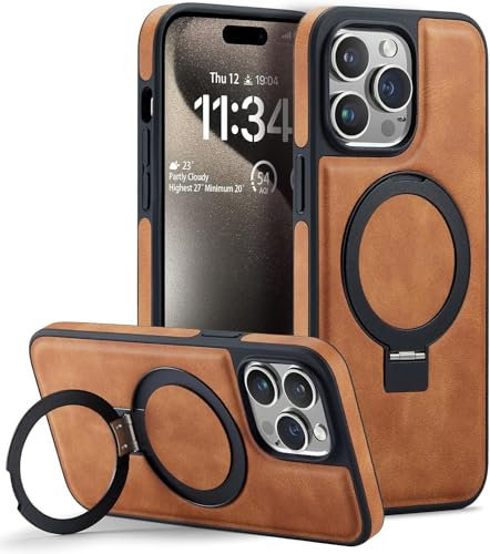 Sibada Leder Hülle für iPhone 15 Pro mit Verdecktem Kreisständer für Magnetische,Modische und Elegante Dünne Business Handyhülle (2023) 6.1 - Braun