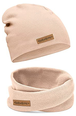 Bubalove Mützen und Schals für Jungen, Mädchen, Babys, Größen 1 Jahr bis 8 Jahre+ viele Farben, Baumwolle Kinderset Mütze und Schornstein, Baumwollmützen, (beige, 8+ Jahre (50-56 cm))