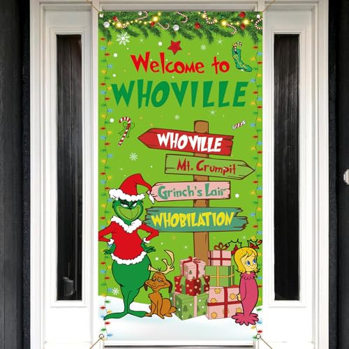 Sunwer Welcome to Whoville Grinchmas Türabdeckung Grüne Elfe Weihnachten Winter Urlaub Party Dekoration Veranda Schild Hintergrund Banner für Zuhause Innen Außen Dekor