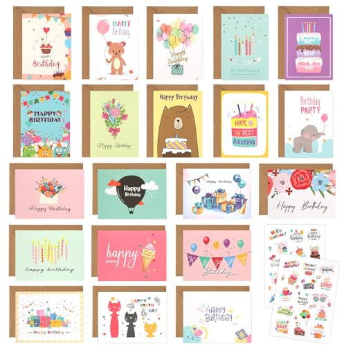 Lot De 20 Carte Anniversaire Avec 20 Enveloppes Supplémentaires Et 2 Autocollants, Carte D'snniversaire Pliable, Carte D Anniversaire De Qualité Supérieure, Pour La Famille Et Les Amis.