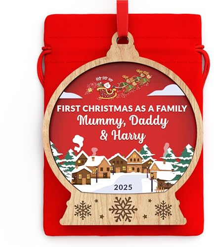 Beecreative Personalised First Christmas As A Family Tree Decoration Ornament Bauble - First Christmas Family Of 3 4 5-1st Xmas New Family Keepsake - With Red Bag