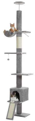 PAWZ Road Kratzbaum deckenhoch, Katzenbaum vom Boden bis zur Decke verstellbar, höhenverstellbar (216-273cm), Katzenturm mit Hängematte und Katzenhöhle, Anti-Sturzgurt Grau