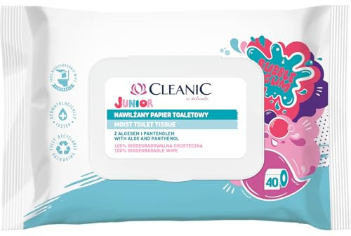 Cleanic Junior - Papier Toilette Humide pour Enfants Jetable - Combinaison de Papier Hygiénique et de Lingette Humide - Parfum de Chewing-Gum - Aloe Vera - Panthénol - 40 pièces.