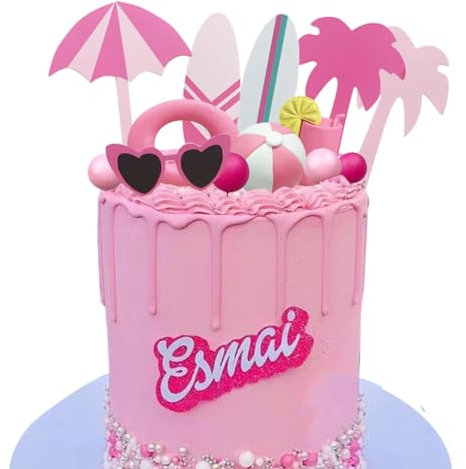 Pink Beach Cake Topper with Beach Ball Swimming Ring Coconut Tree Surfing Board and Sunglasses for Hot Pink Girl Summer Beach Bali Hawaiian theme cake Decor
