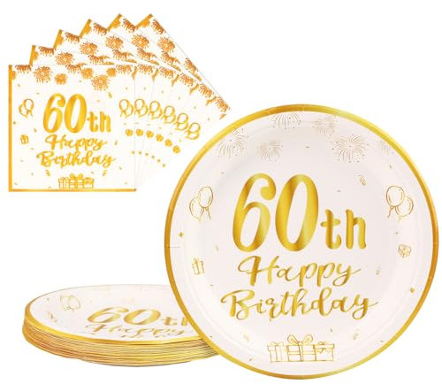 AHPYEUHK 60th Paper Party Plates and Napkins 50pcs 9 White Birthday Party Dessert Tableware Happy Birthday Decorations Party Supplies