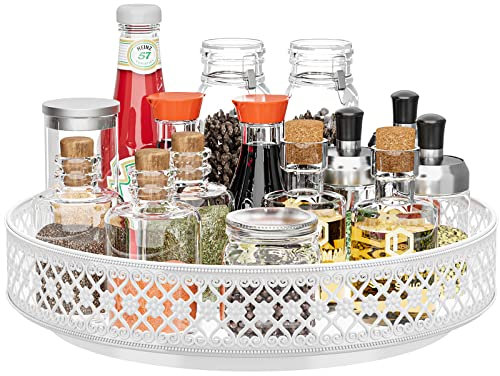 Girevole Portaspezie Organizer Lazy Susan - 360° Rotanti vassoio in Metallo Portaoggetti Organizzatore floreale 28cm per Dispensa Cucina Mobile Piano di Bagno Frigorifero Tavolo, Bianco