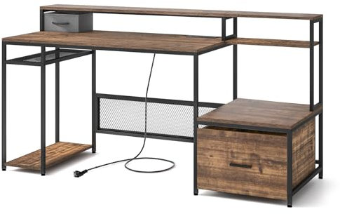 LIFEZEAL Scrivania Ufficio Porta Computer con Multipresa, Cassetti, Stazione di Ricarica, Porta Stampante, CPU, Monitor, Scrittoio, Postazione di Lavoro, Telaio in Metallo, Industriale, 170x60x90cm