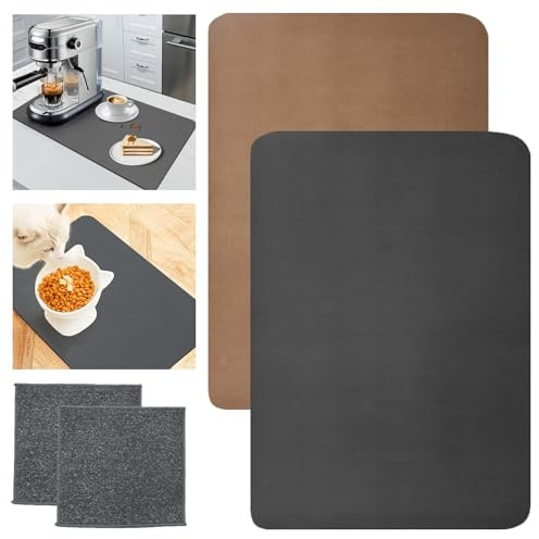 PXBSNB 2 Stück Kaffeemaschine Abtropfmatte 40 x 30 cm, Schnelltrocknend Abtropfmatte Geschirr mit Rutschfester Gummimatte, Kieselgur Unterlage Kaffeemaschine für Küche Spüle (Braun+Grau)