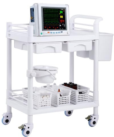 VEVOR Laborwagen Medizinwagen mit 2 Ablagen, 2 Schubladen und 4 Rädern, Rollbarer Laborwagen PP-Material, 50 kg belastbarer Servierwagen mit 3 Mülleimern für Labor, Klinik, Krankenhaus, Salon, weiß