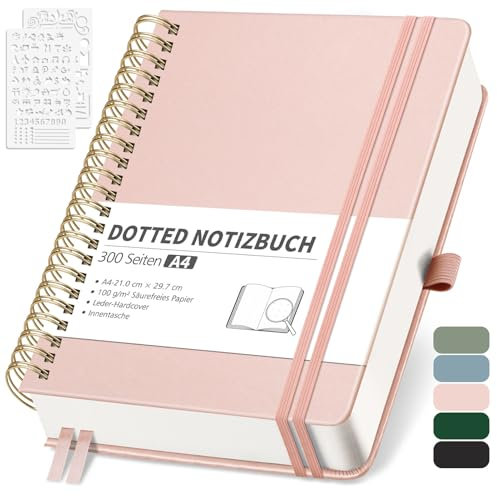 RETTACY Notizbuch A4 Dotted, Bullet Dot Journal mit 100 g/m² Dickem Papier, 150 Blatt, Notebook für Büro und Schule, Lederhülle, Roségold, 21 cm x 29.7 cm