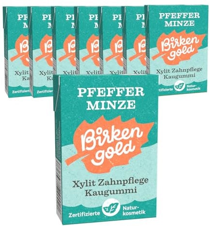 Birkengold Xylit Zahnpflege Kaugummi | Pfefferminze | plastikfrei | 8 Stk. | Natürliche Kaumasse (Chicle) | Ohne Erdöl | Zuckerfrei | Naturkosmetik zertifiziert | vegan