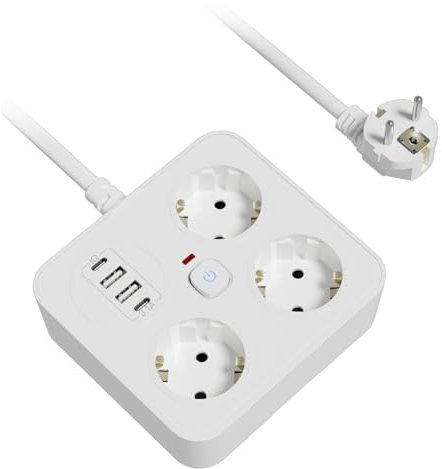 3M Steckdosenleiste einzeln schaltbar,3 Fach Mehrfachsteckdose mit 2 Type_C+2 USB-C(3.4A 5V),Steckdosenleiste,mit Überstromschutz und Kinderschutz,Steckerleiste mit Schalter für Zuhause,Büro (Weiß)