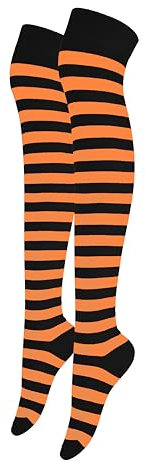 Alanna Jones Women Ladies Girls Stripe Cotton Rich Over the Knee High Socks Stripe Thigh Socks Leg Warmer for Casual Daily Wear UK Size 4-6.5 (Black Orange)