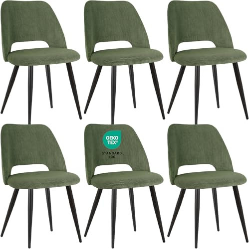 JIJIAN Esszimmerstühle 6er Set, Stühle Esszimmer, Küchenstühle, Wohnzimmer Essstühle mit Ausschnitt Rückenlehne Streifen Samt Stuhl, Gepolsterte Stühle für Esszimmer, Küche, Schlafzimmer, Grün