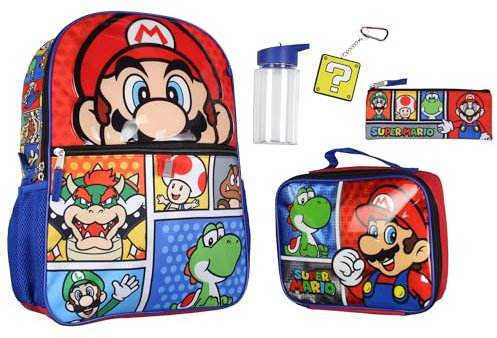 Bioworld Super Mario - Mochila de 5 piezas de 16 pulgadas con bolsa desmontable para el almuerzo, botella de agua, estuche para lápices y llavero de goma