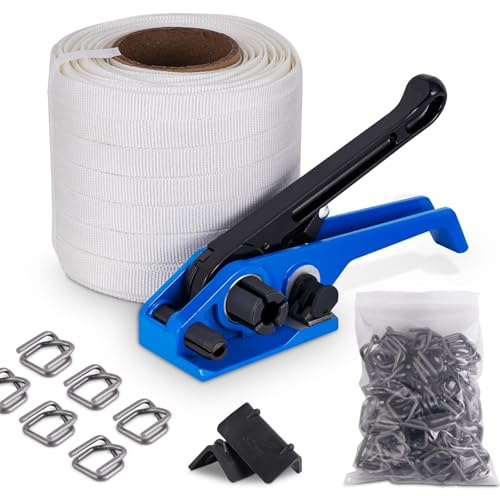 BAOSHISHAN Umreifungsset mit 19mm Textilband gewebt für Palettenverpackung (2-in-1 Spanner, 100m Textil Umreifungsband, 100 Phosphatknopf, 20 Verpackungsecke)