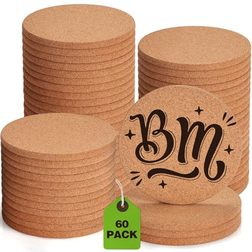 60 STK Kork-Untersetzer für Gravur, Dicke Saugfähige Blanko-Untersetzer | 10 cm Hitzebeständige Couchtisch Untersetzer Bulk Pflanz Untersetzer Wohndekor für Holzbrand, DIY, Hochzeit, Party, Rund