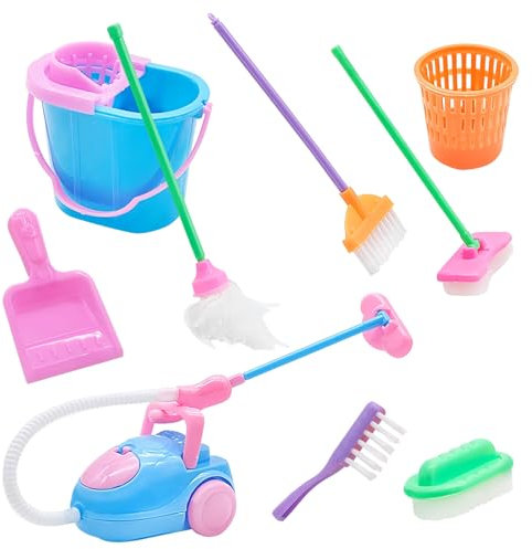 Satiskid 9 PCS Miniature Dollhouse Cleaning Supplies, Miniature Vacuum Cleaner, Mop, Broom, Dustpan, Brush, Cute Cleaning Supplies Tools, Miniature Furniture Dollhouse Decoration Accessories