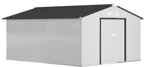 Outsunny Caseta de Jardín Exterior 12,4 m² 340x386x200 cm Cobertizo de Jardín Exterior con Puerta Corredera Techo Inclinado Base Refuerzo (Suelo NO Incluido) y 4 Ventanas Blanco