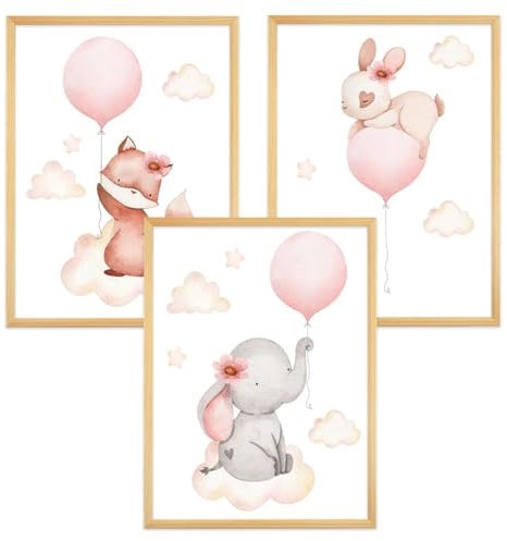Zamety 3er Set Bilder Kinderzimmer, Babyzimmer Deko Bilder, Kinderzimmer Deko Poster, A4 Bilder Kinderzimmer Mädchen, Tier Hase Poster Kinderzimmer, Poster Kinderzimmer Jungen, Ohne Bilderrahmen
