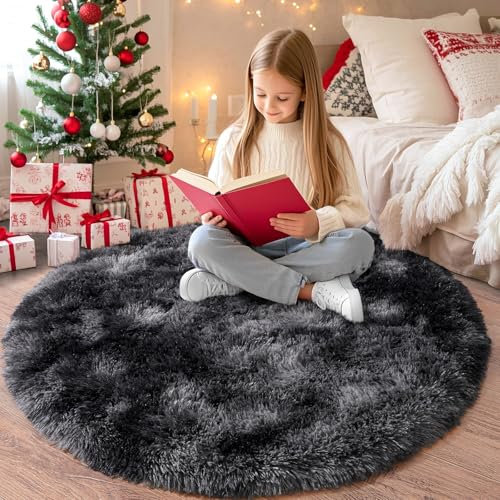 Chicnix Hochflor Teppich Rund 160 cm, Teppich Wohnzimmer Shaggy Langflor, Moderner Plüsch rutschfest Weich Flauschig Bettvorleger für Kinderzimmer Schlafzimmer, Batik Dunkelgrau