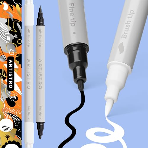 Artistro 2 Schwarz-Weiß-Acrylstifte Dual-Tip Brush+Fein für Stein & Stoff | Deckende Farbe auf Wasserbasis, sichtbar auf dunklen Untergründen, zwei Strichstärken pro Marker, Kreativ-Geschenk
