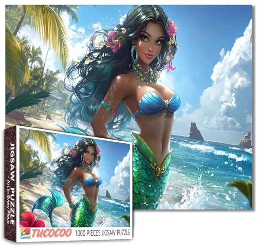 Sexy Mädchen-Puzzle, 1000 Teile für Erwachsene, Familien (Meerjungfrauen-Mädchen, Meereslandschaft, Strand, tropischer Kokosnussbaum), Teile passen perfekt zusammen, 50 x 70 cm, Landschaft, gerahmtes