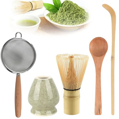 KQWVZ 5 Pezzi Matcha Kit, Frusta Matcha in Bambù Naturale, Paletta Bambù, Setaccio, Supporto per Frusta in Ceramica, Set Matcha, Kit Matcha per gli Amanti Della Cultura Giapponese del Matcha