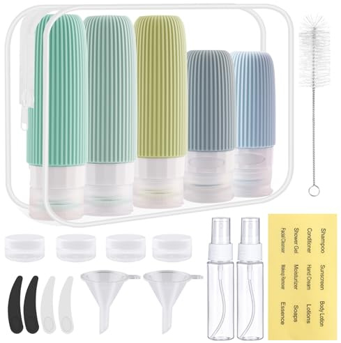 Zosenyer 20 Pièces Flacon Voyage Avion, Contenant Voyage en Silicone, Réutilisable et Étanche Bouteille Kit Voyage Avion pour Travel Shampoing, Creme, liquidi e Lotion et Cosmétiques, Vert