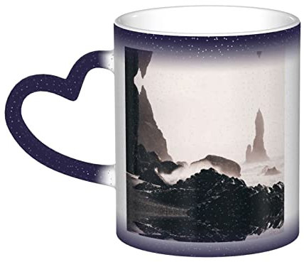 HYSDPUZK Island Farbwechsel-Tasse im Himmel – Volldruck-Keramiktasse mit wärmeempfindlicher Technologie, Schwarz-Weiß-Transformation
