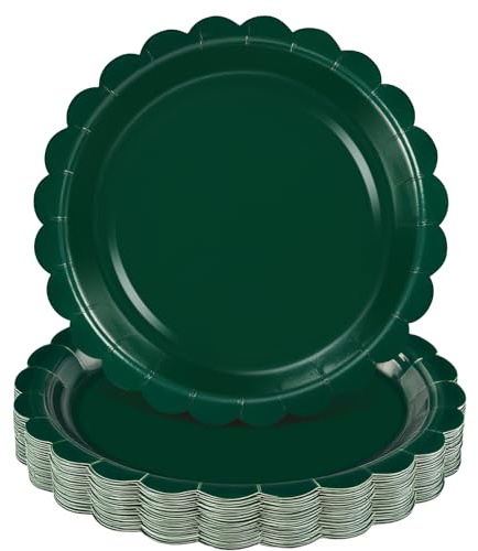 NatNarr 30 pièces Assiettes Vert Foncé 22,9 cm Assiettes en carton vert ondulées jetables pour dessert et dîner pour mariage, fête de maître, enterrement de vie de jeune fille