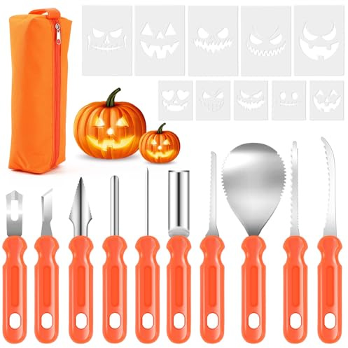 AUGSUN 21PCS Halloween Pumpkin Carving Kit, 10 PCS Professional Carving Kit with Storage Bag and 10 PCS Carving Stencils Safe for Adults