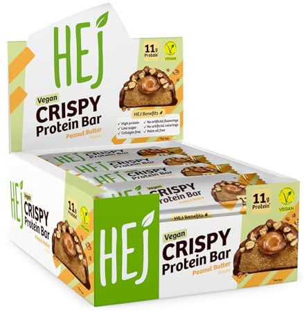 HEJ Vegan Crispy Protein Bar, Peanut Butter, 12 x 45 g, Low Sugar, Snack | Proteinriegel vegan, Low Sugar, High Protein Snack, knusprig, palmölfrei, ohne Kollagen & Zuckerzusatz, ohne künstl. Aromen