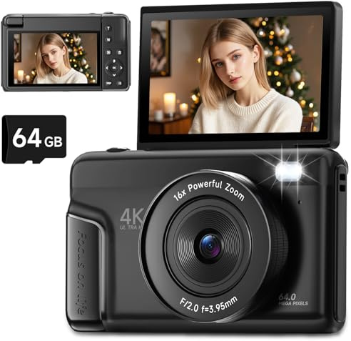 4K Digitalkamera für Fotografie, Autofokus 64MP Vlogging Kamera für YouTube mit 3 Zoll 180° Flip Screen, 16X Zoom Kompakte Reisepunkt und Shoot-Kamera mit Blitz für Anfänger, 64GB Karte, Schwarz