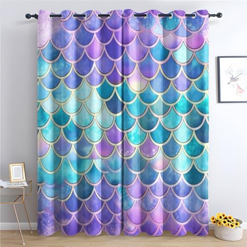QEODAH Meerjungfrau Vorhänge Mädchen Bunte Fischschuppen Pastell Verdunklungsvorhänge, Vorhang Blickdicht Gardinen mit Ösen, Schlafzimmer Wohnzimmer Deko, Thermovorhang 2er Set H 160 X B 140 cm