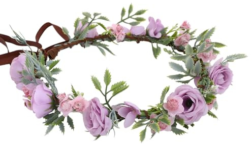 Blumenkranz für Haare und Elfenohren - Faschingskostüme Karneval - Lila Blumenkrone Grüne Blätter Traditioneller Runder Rosenkopfschmuck Eleganter Schmuck für Geburtstagsparty Hochzeitsfoto